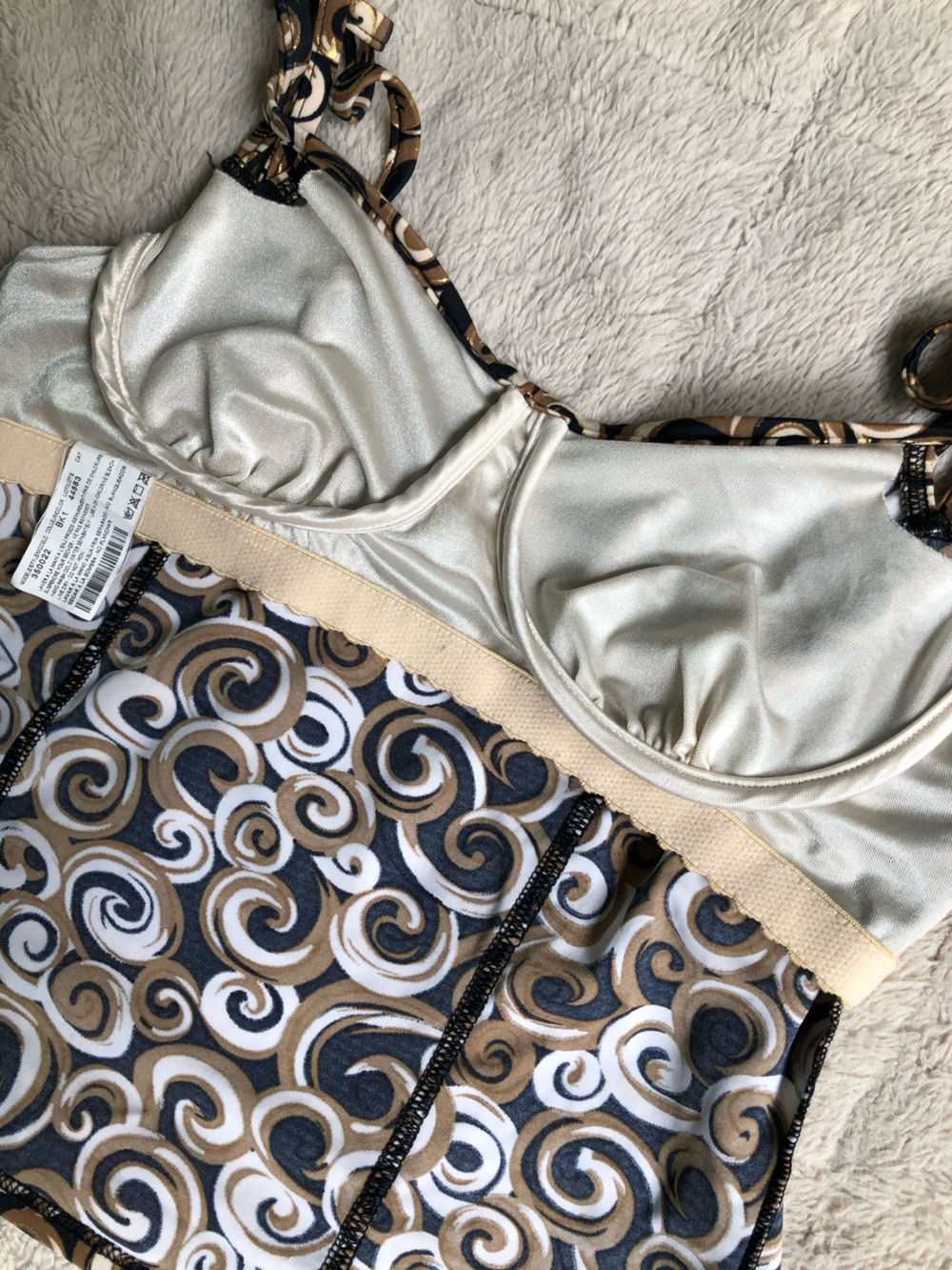 90s Y2K Swirl Print Retro Two-Piece Tankini Swim Set in Black, Gold & White - Picture 12 of 14